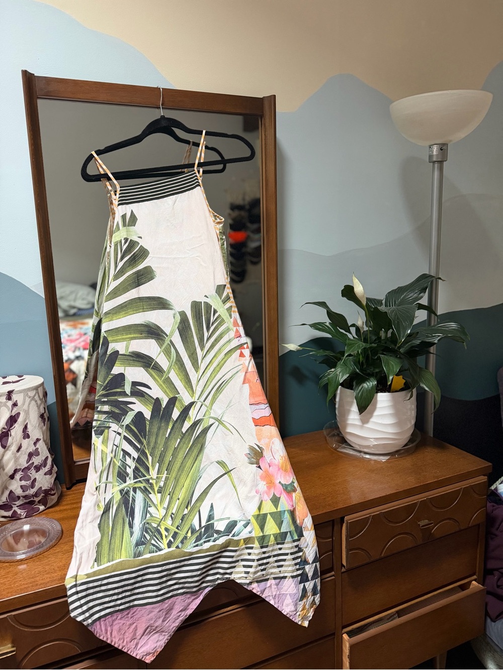 Prana Selene Dress - Tropical Print Handkerchief Hem Dress - White & Green